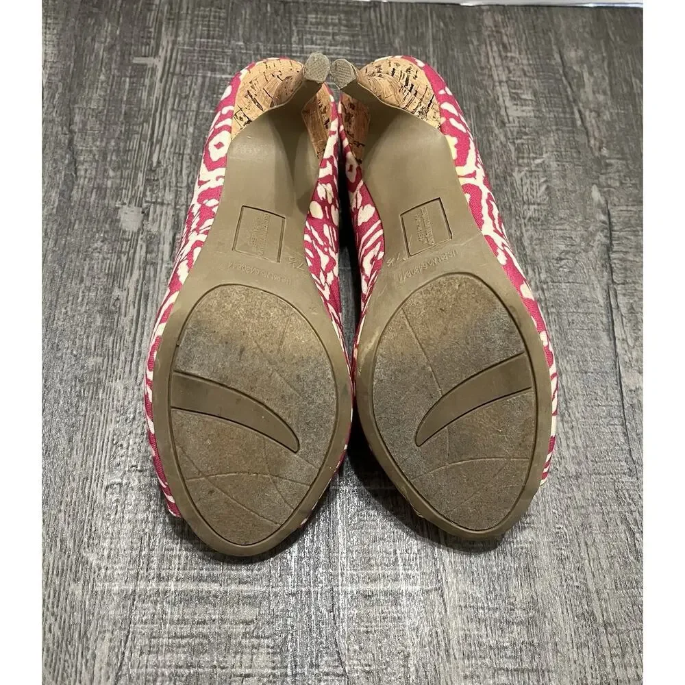 CHRISTIAN SIRIANO Women’s Pink & White Ikat Canvas & Cork Peep Toe Pump Heel 7.5 - Picture 7 of 8